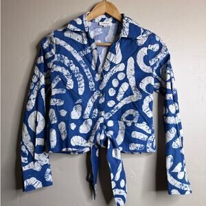 Haute Hippie Blue Abstract Cropped Tie Front Button Up Long Sleeve Linen Shirt S